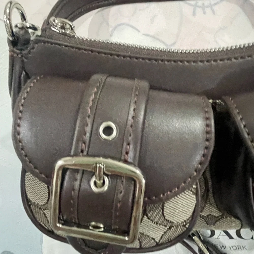 Coach Brown Signature Canvas Double Pocket Shoulder Bag with Dark Leather Trim